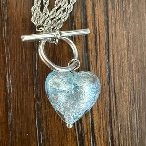 Silver and Blue Glass Heart Pendant Necklace